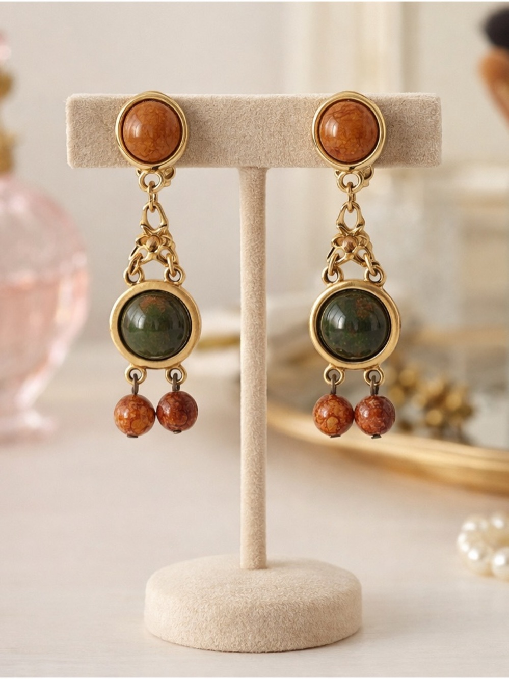 Gold-Tone Dangle Earrings with Olive Green and Amber Beads - Women Jewelry